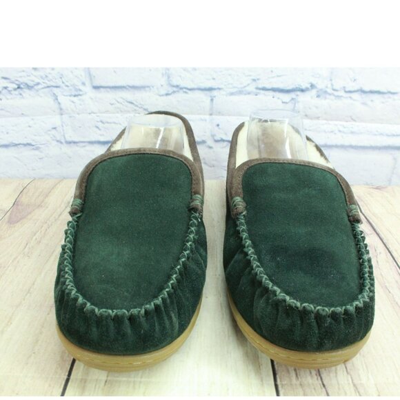 LL Bean Green Suede Wicked Good Shearling Lined Venetian Slippers Size 11 M - Picture 4 of 9